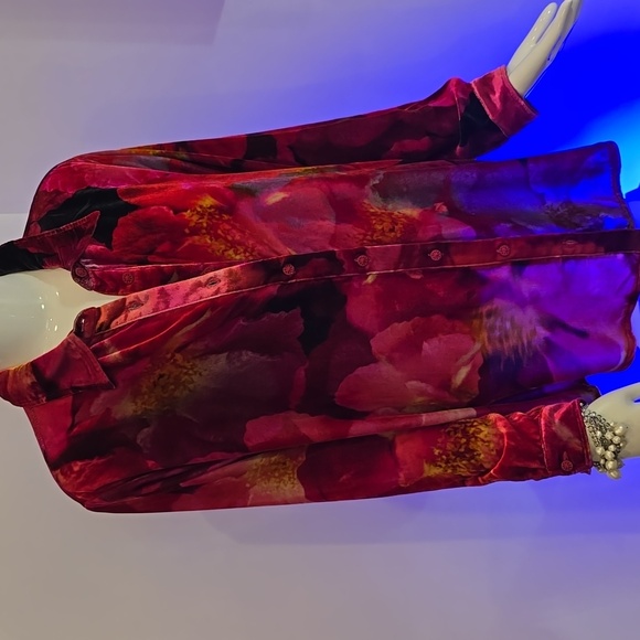 Johnny Was Ruby RED Floral Bloom Silk Velvet button down SHIRT New Tags $295 XL - Picture 3 of 14